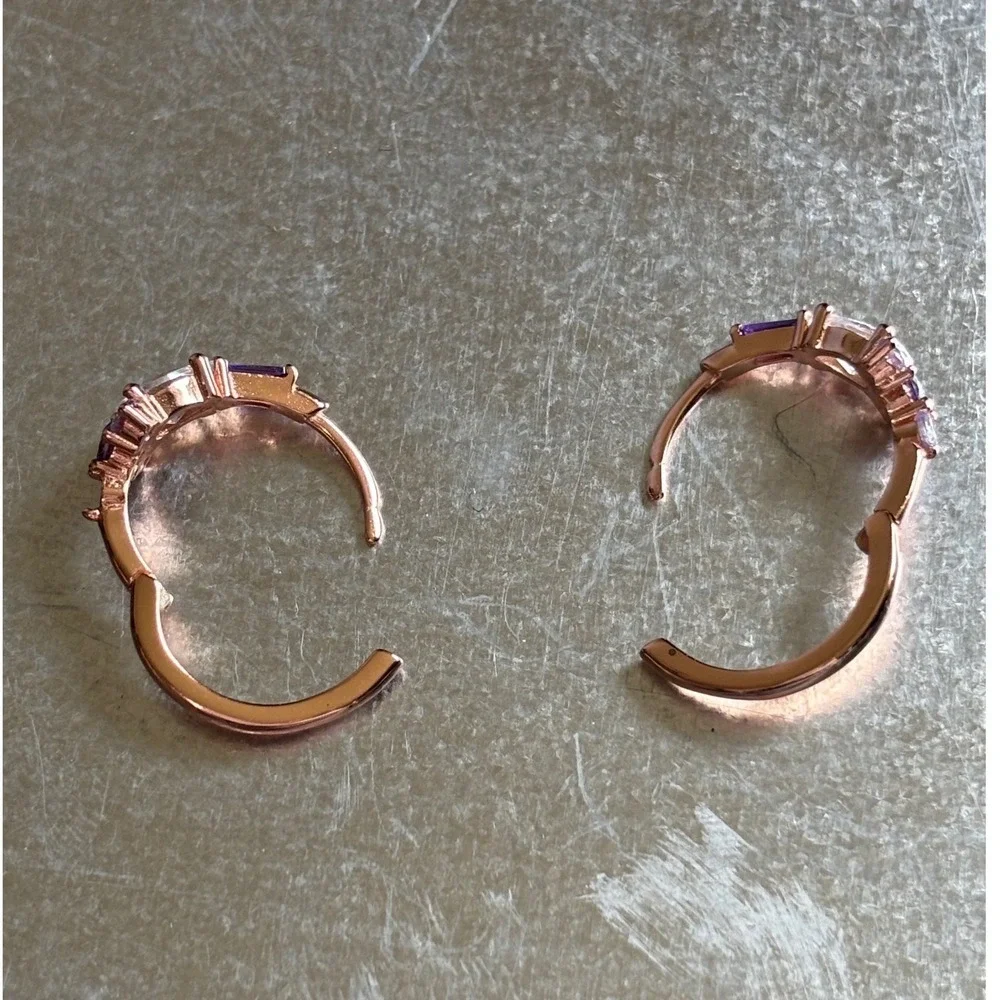Purple Pink Amethyst White Zircon Earrings 925 Sterling‎ Silver Huggies Hoop